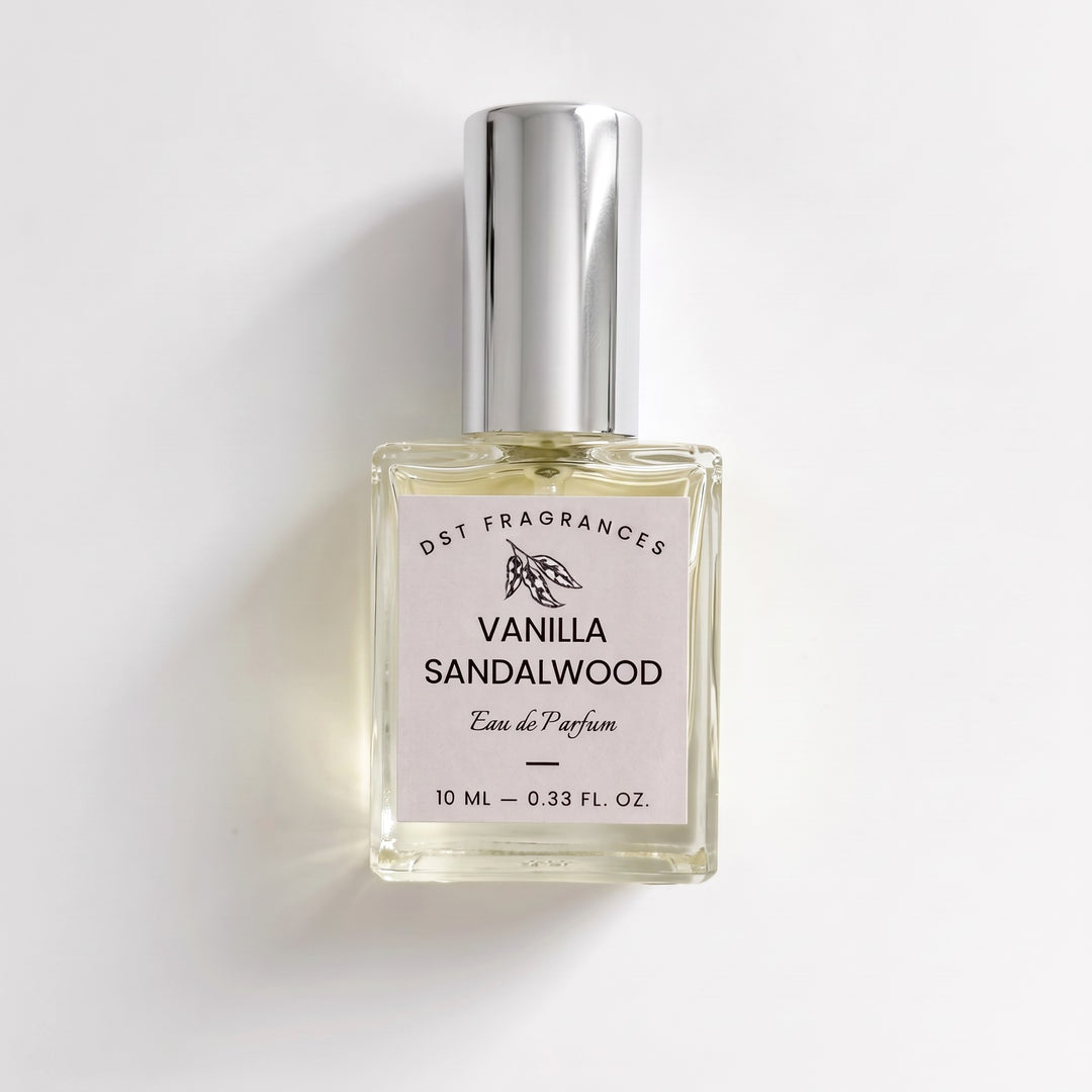 10ml bottle of Vanilla Sandalwood EDP by DST Fragrances against a white background.