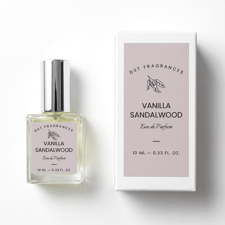 10ml bottle of Vanilla Sandalwood EDP by DST Fragrances and its box against a white background.