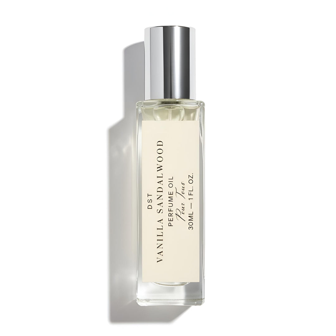 10ml bottle of Vanilla Sandalwood Perfume Oil by DST Fragrances against a white background.