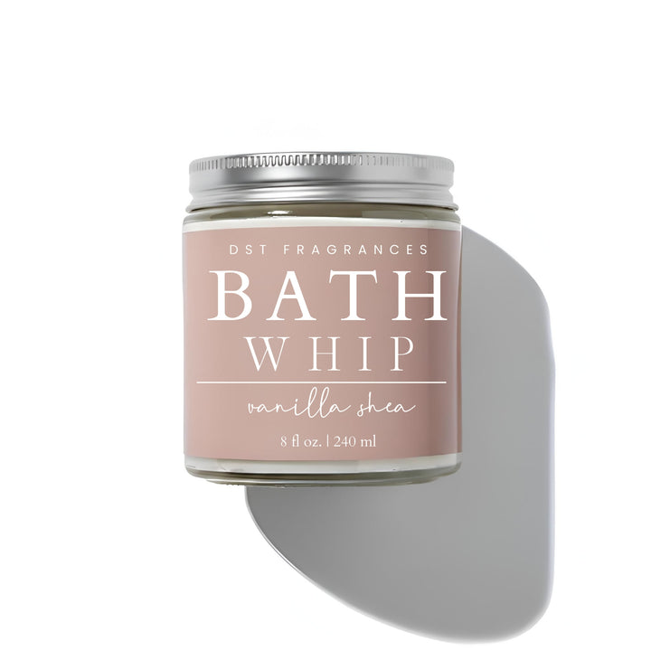 Vanilla Shea Bath Whip container with decorative label on a white background