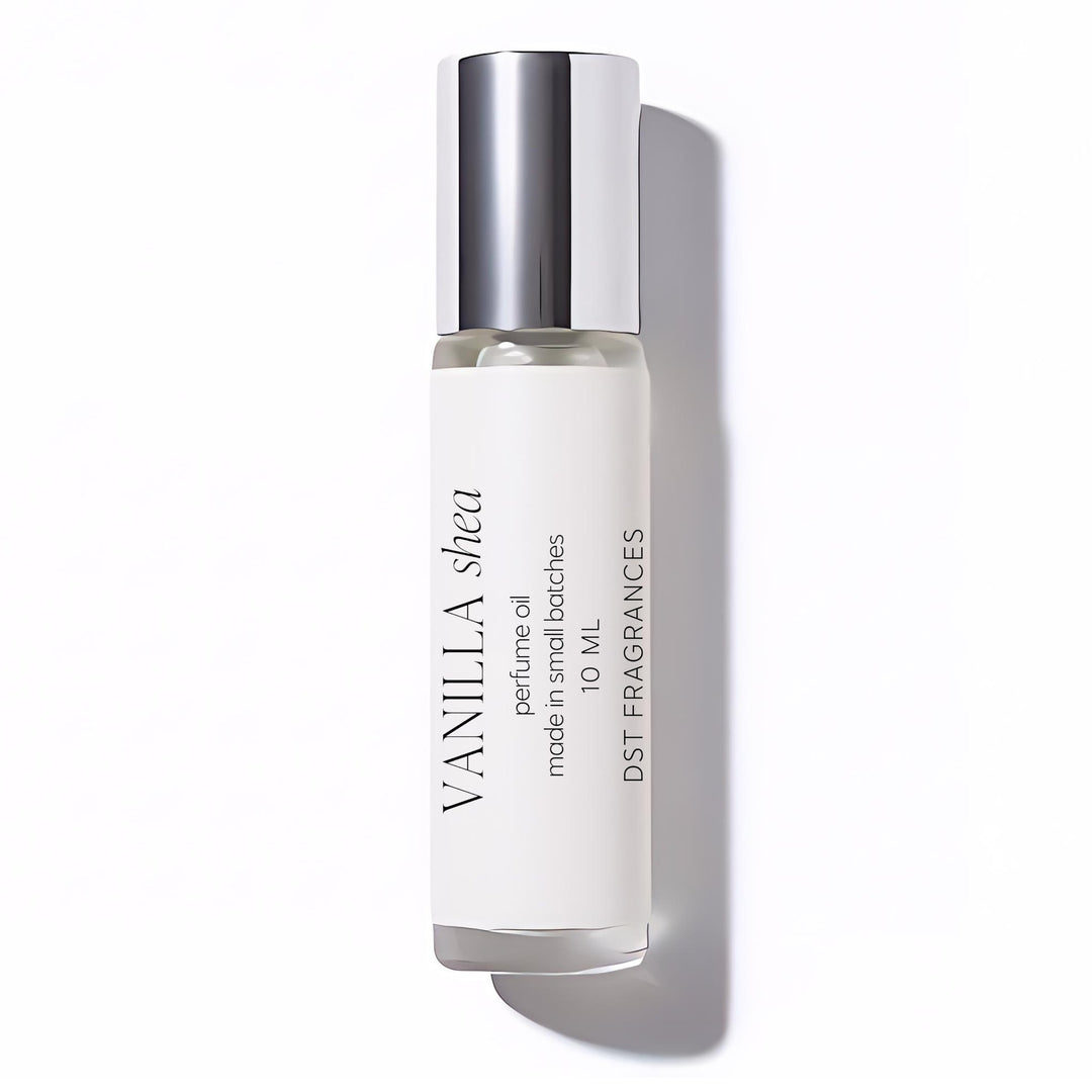 Vanilla Shea perfume oil bottle on a white background