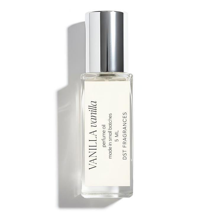 5ml bottle of vanilla vanilla perfume oil by DST Fragrances on a white background.