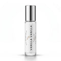 A 10 mL glass rollerball bottle of Vanilla Vanilla perfume oil with a reflective silver cap and a white label, set against a clean white background.