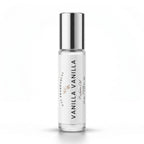 A 10 mL glass rollerball bottle of Vanilla Vanilla perfume oil with a reflective silver cap and a white label, set against a clean white background.