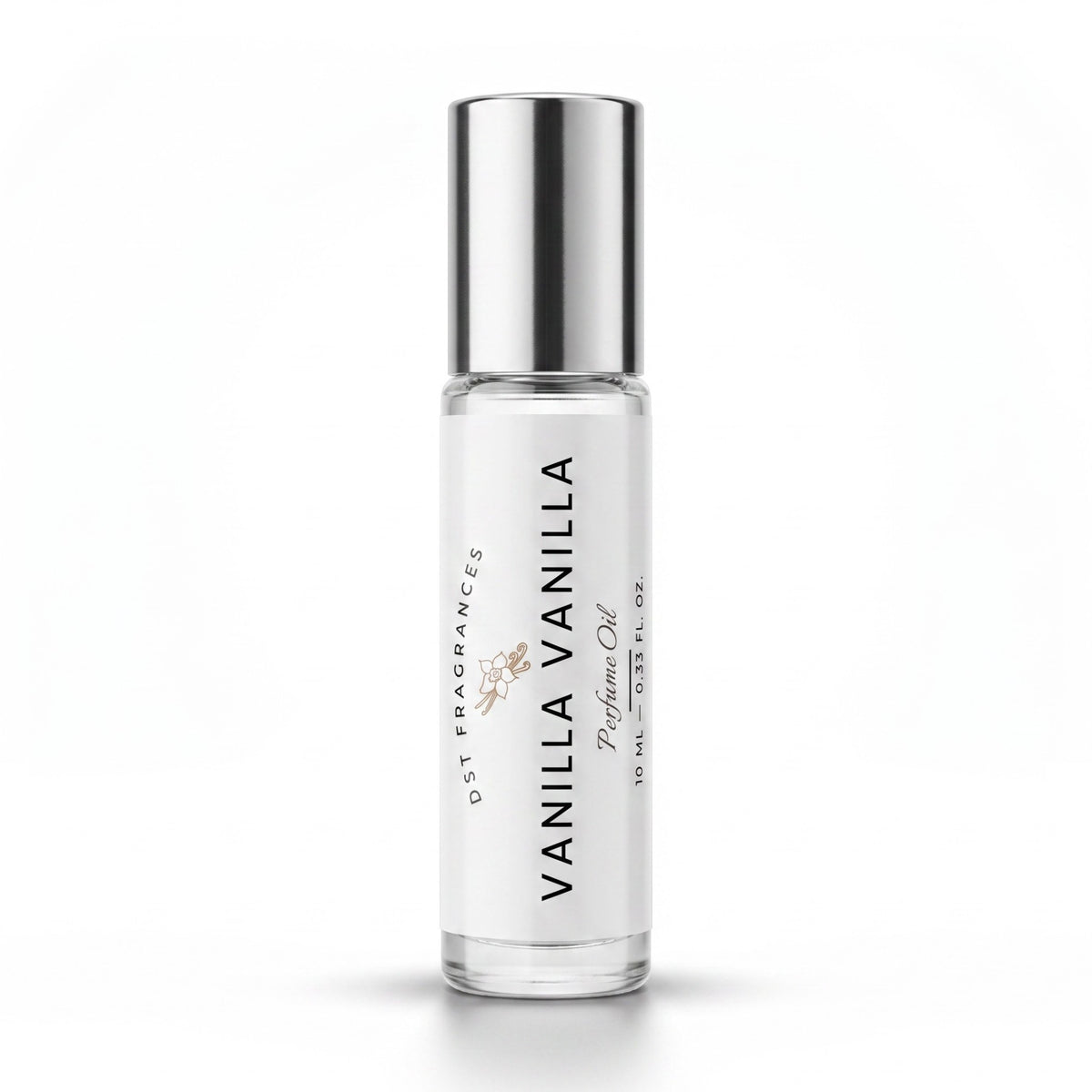 A 10 mL glass rollerball bottle of Vanilla Vanilla perfume oil with a reflective silver cap and a white label, set against a clean white background.