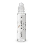 A clear glass roll-on bottle of Vanilla Vanilla perfume oil with a white label and a clear roller ball cap, shown on a plain white background.