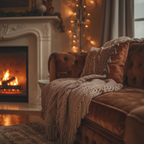A cozy living room scene with a brown velvet tufted sofa draped in a chunky cream knit throw blanket, accented by textured pillows. A white fireplace with a glowing fire is visible in the background, along with warm string lights and curtains.