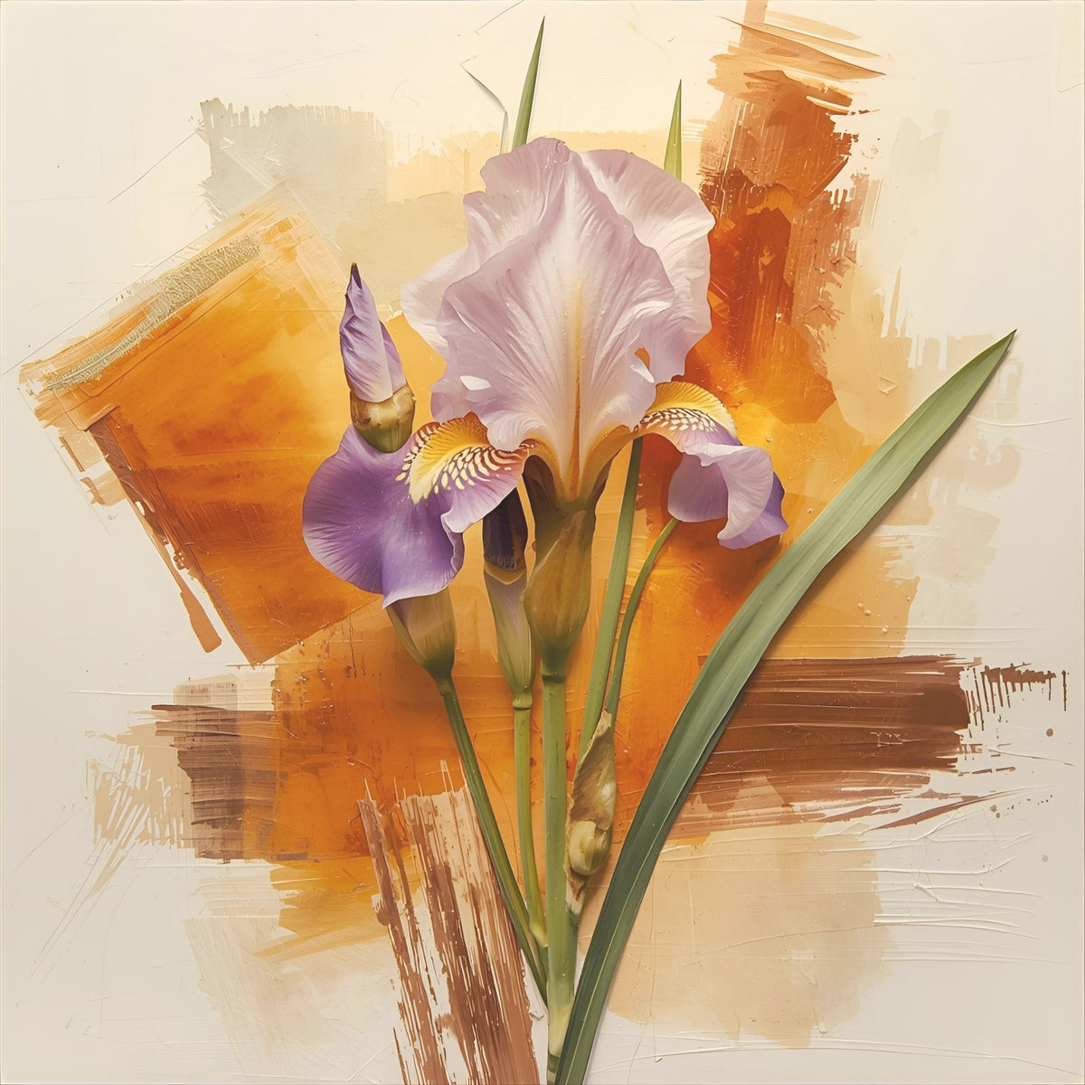 Abstract floral artwork featuring purple and pale lavender irises with green leaves over warm orange, tan, and cream painted brushstrokes.