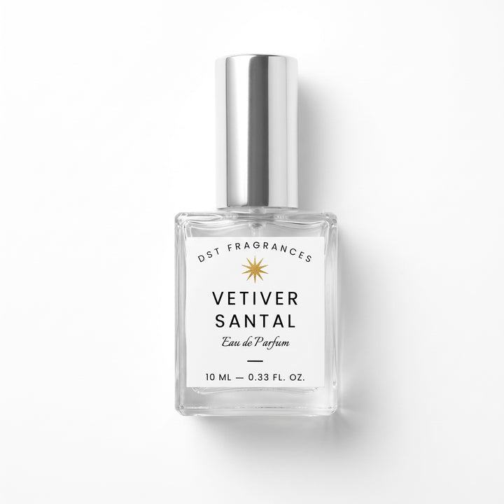10ml bottle of Vetiver Santal Eau de parfum by DST Fragrances against a white background.