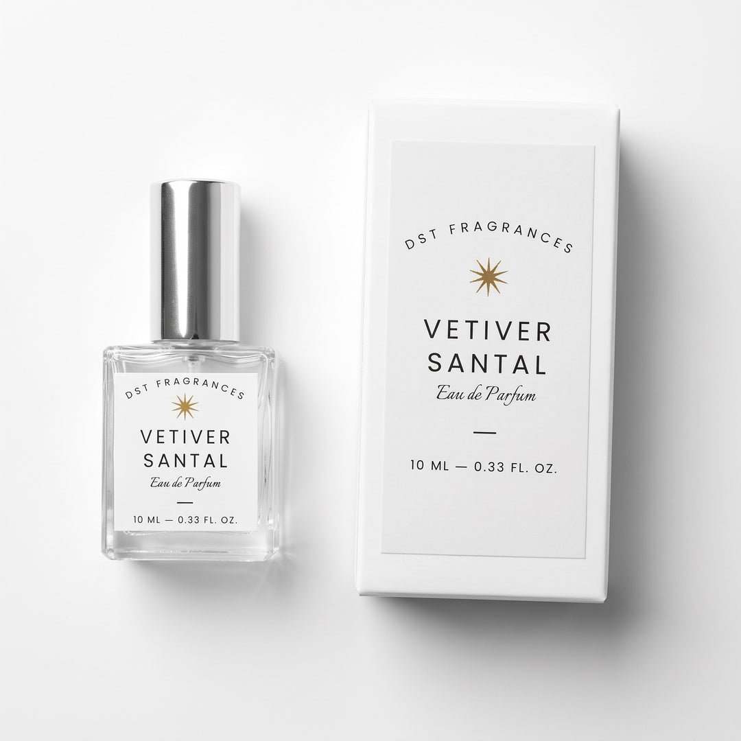 10ml bottle of Vetiver Santal Eau de parfum and its box by DST Fragrances against a white background.