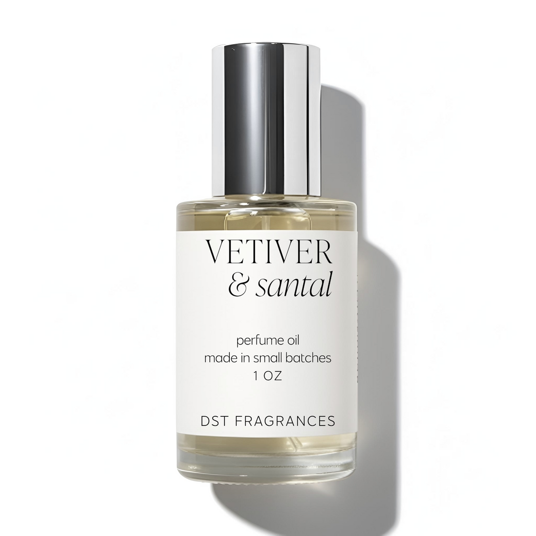 30ml bottle of Vetiver and Santal perfume oil by dst fragrances on a white background.
