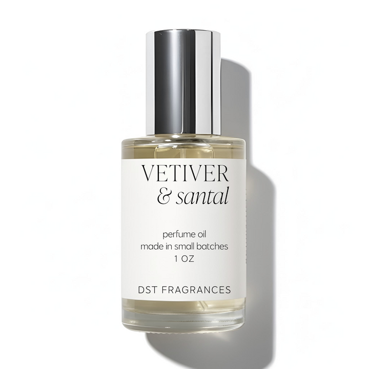 30ml bottle of Vetiver and Santal perfume oil by dst fragrances on a white background.