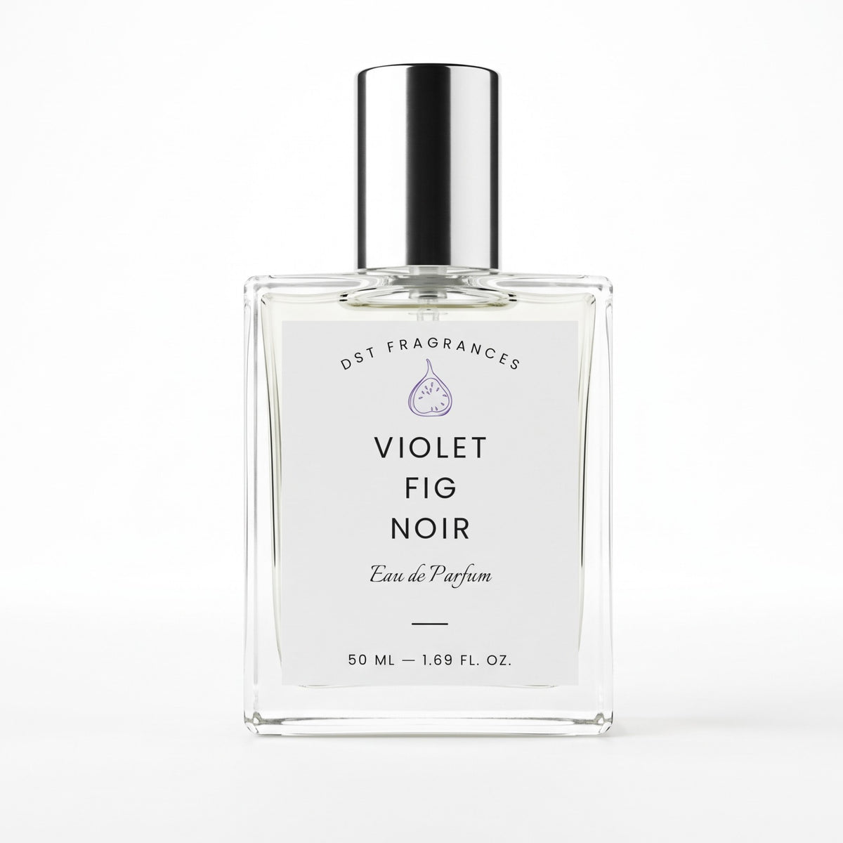 A 50 ml clear glass perfume bottle with a reflective silver cap, featuring a white label for 'Violet Fig Noir' by DST Fragrances, on a clean white background.