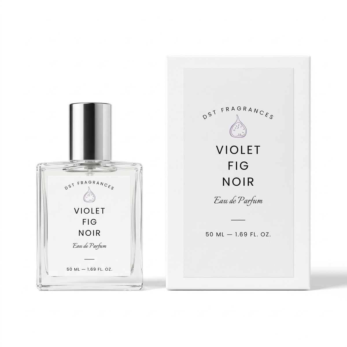 A clear glass perfume bottle with a silver cap stands beside its white box. The label reads DST FRAGRANCES, VIOLET FIG NOIR, and Eau de Parfum, with a small purple pear illustration.