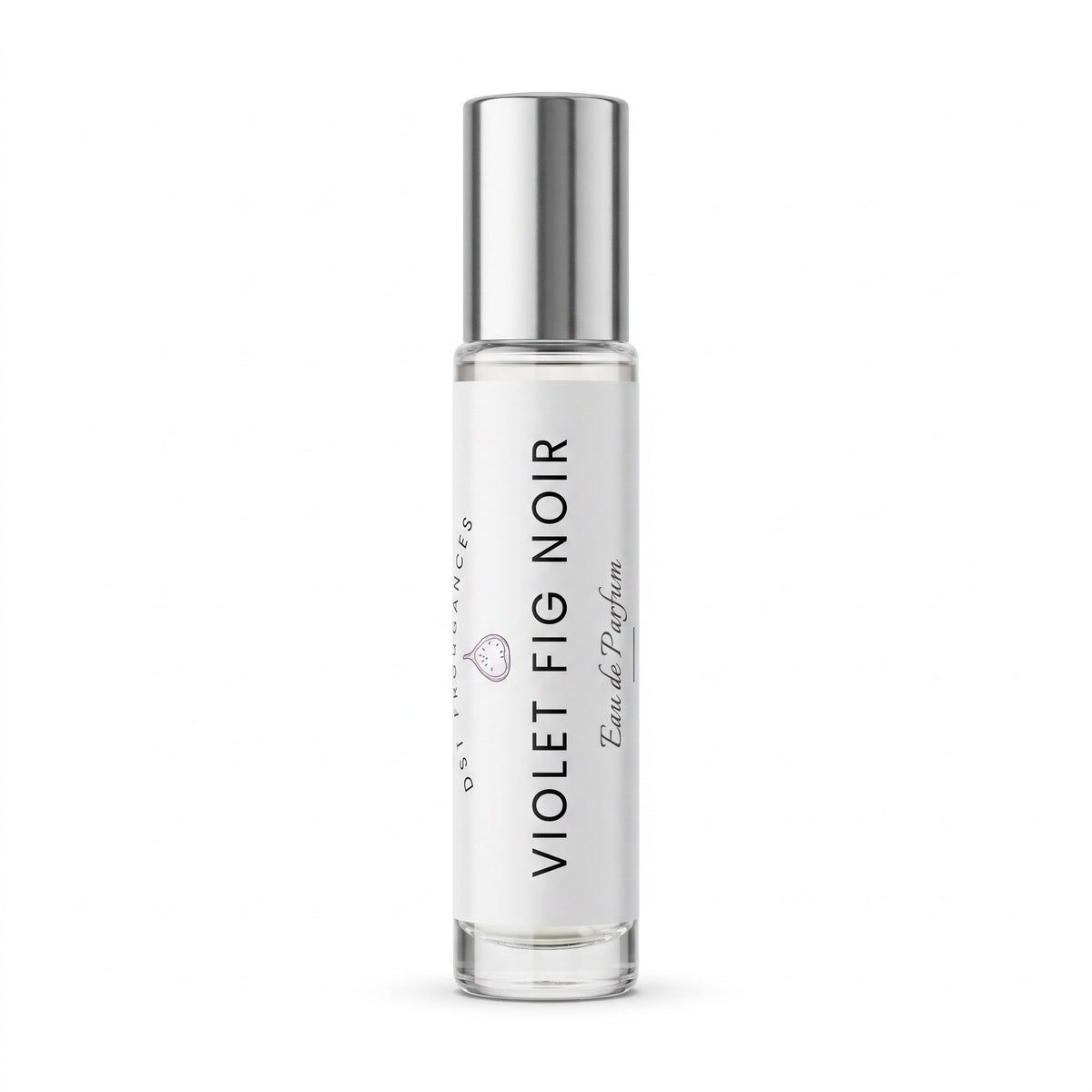 A clear glass rollerball perfume bottle with a silver cap and a white label reading 'VIOLET FIG NOIR' and 'Eau de Parfum', shown on a plain white background.