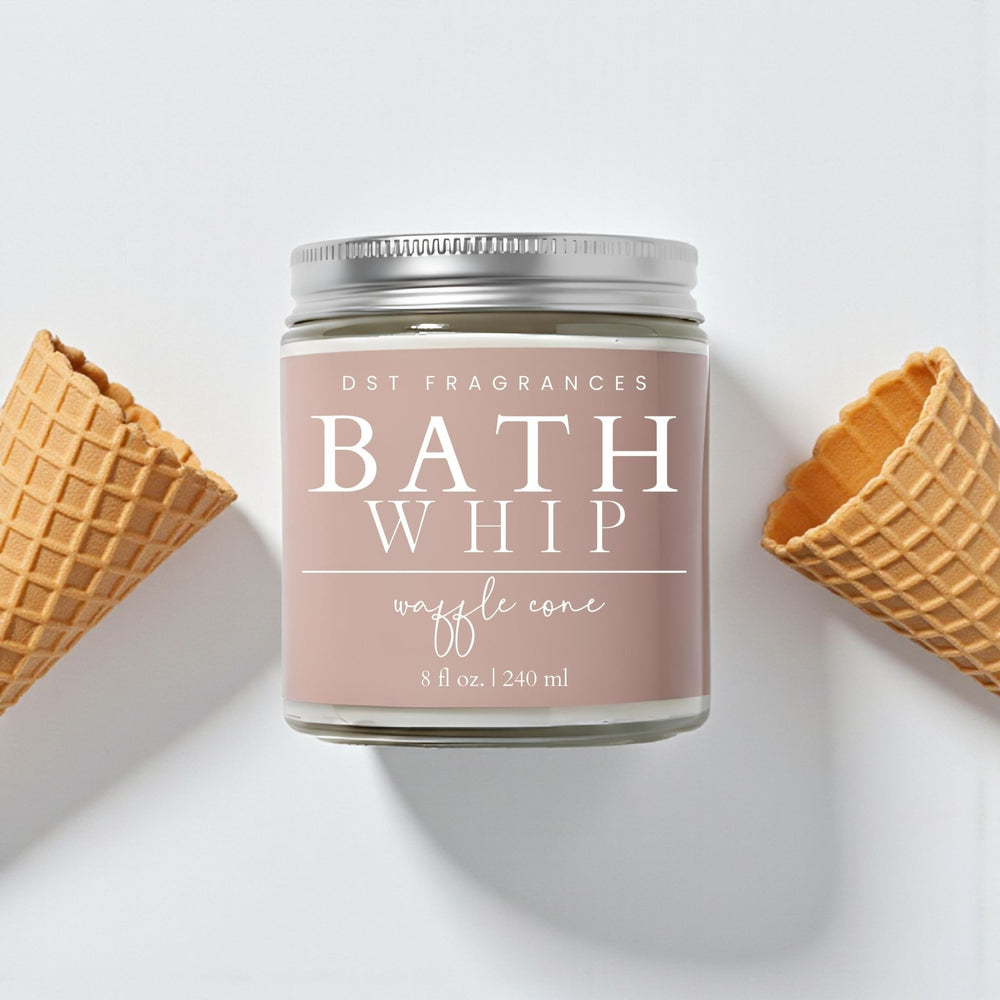 Bath whip container labeled 'DST Waffle Cone' with two waffle cones on a light background