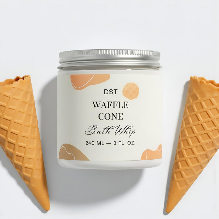 Bath whip container labeled 'DST Waffle Cone' with two waffle cones on a light background