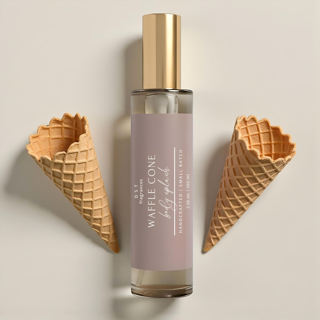 Perfume bottle labeled 'Waffle Cone' with two waffle cones on a neutral background