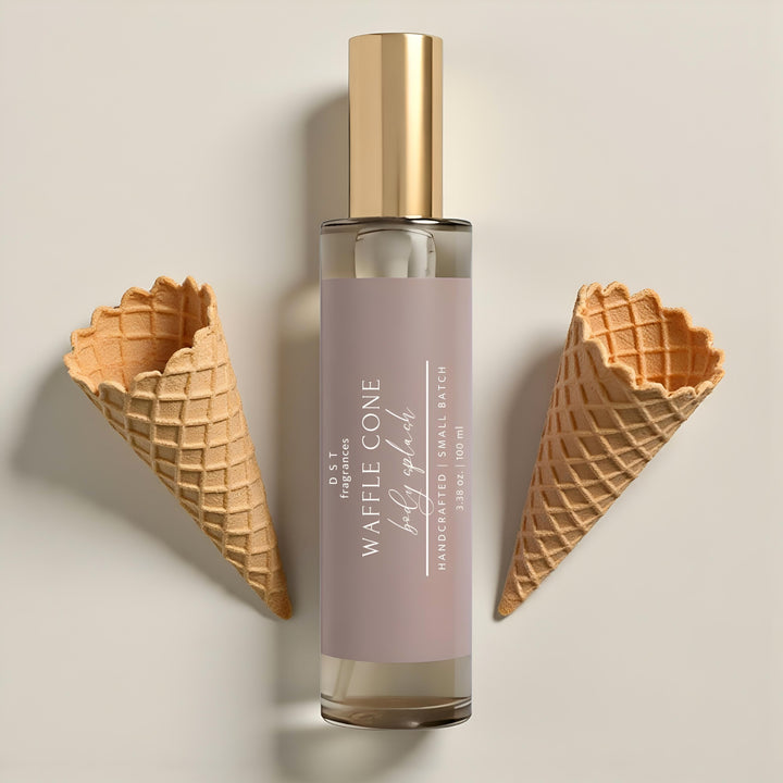 Perfume bottle labeled 'Waffle Cone' with two waffle cones on a neutral background