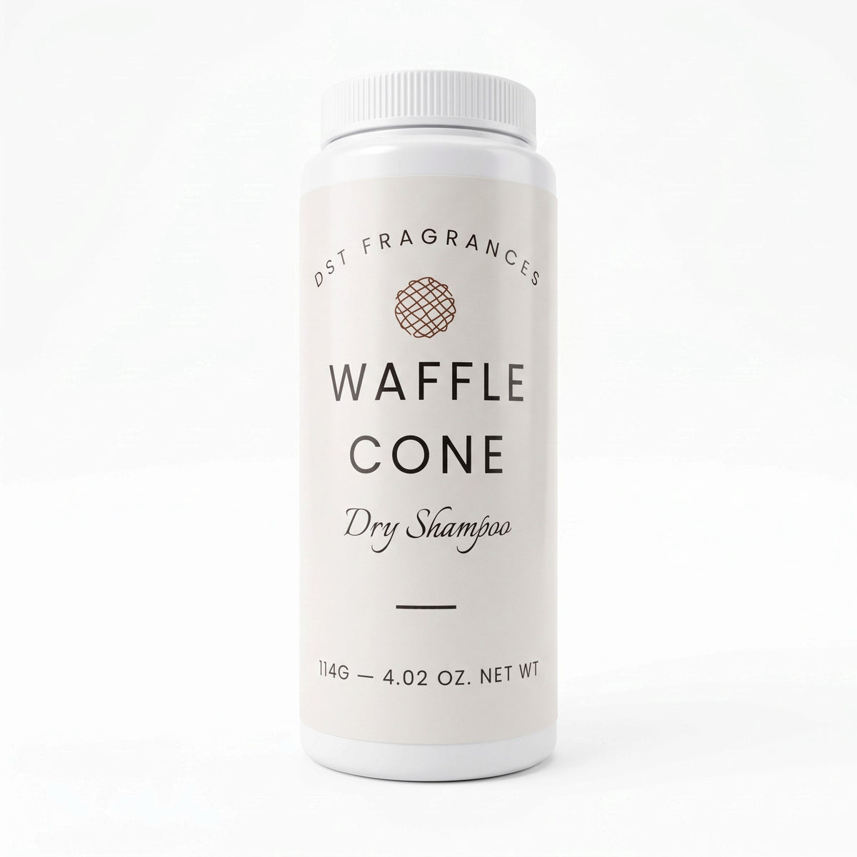A white plastic bottle of DST Fragrances Waffle Cone Dry Shampoo, featuring a minimalist cream-colored label with black text, set against a clean white background.