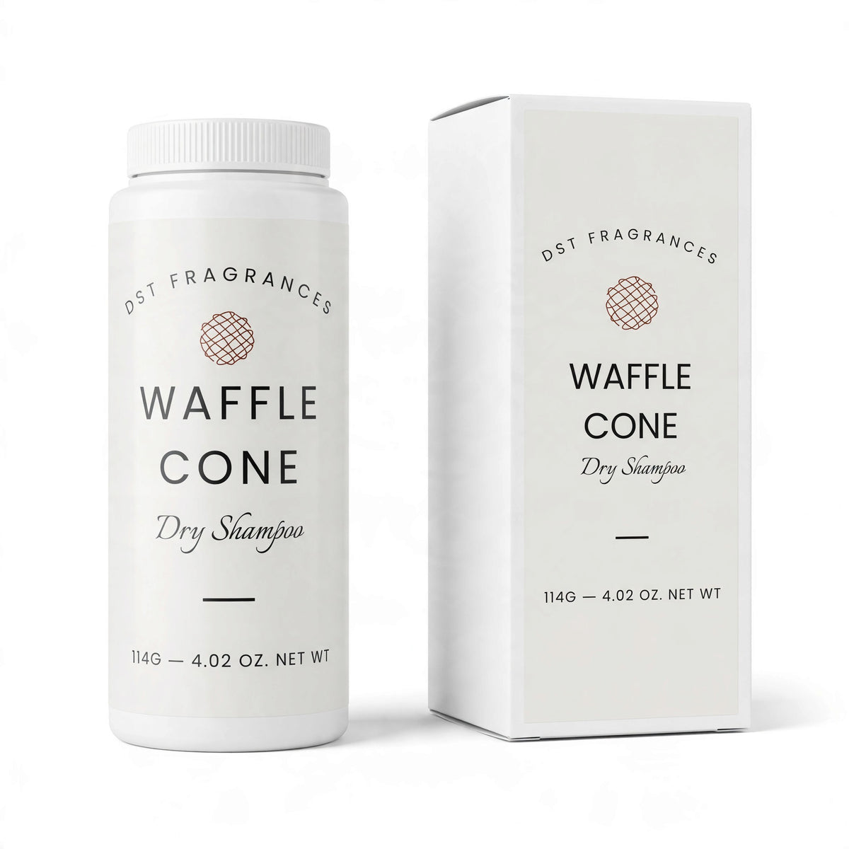 A white bottle of DST Fragrances Waffle Cone Dry Shampoo next to its white packaging box, displayed on a clean white background.