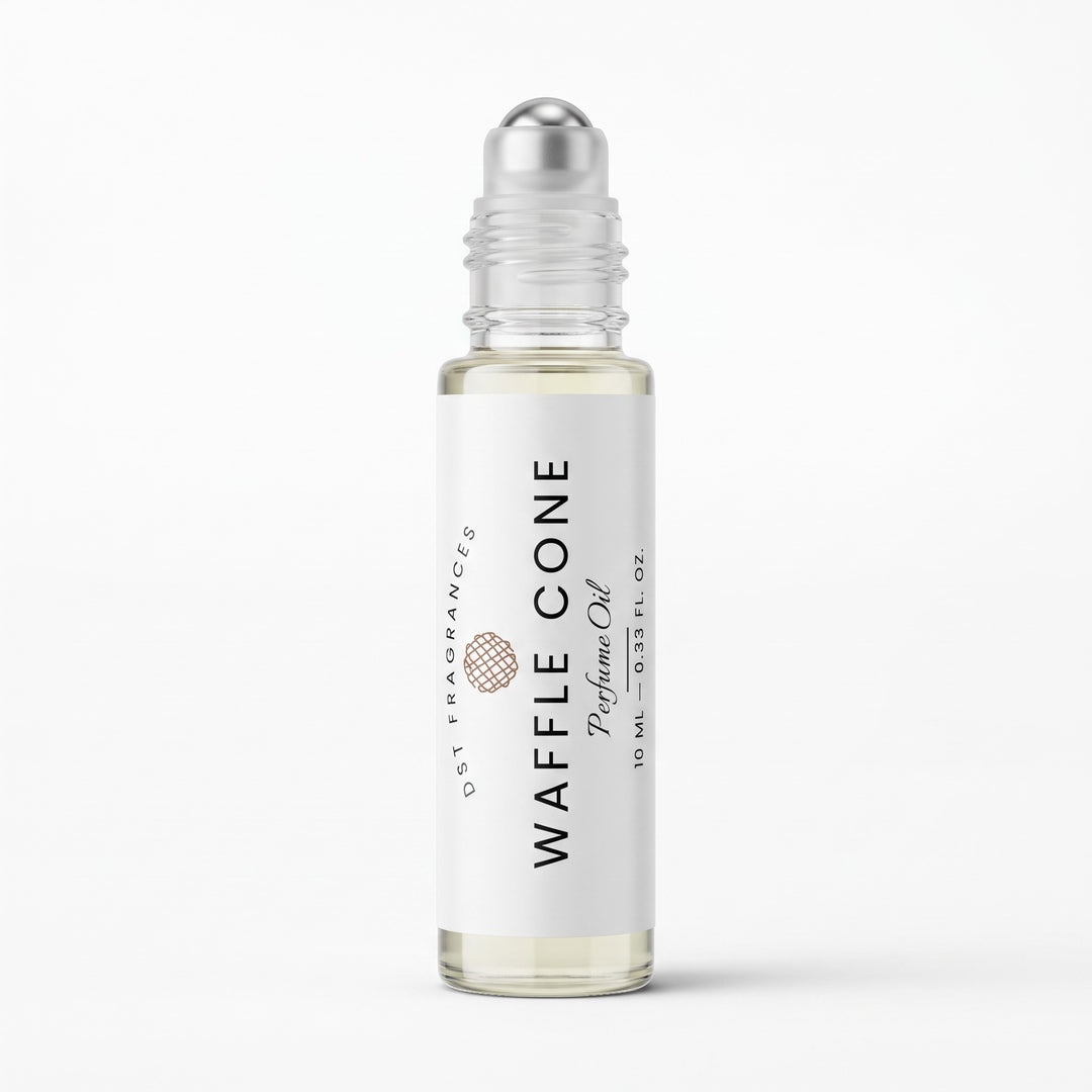 10ml bottle of Waffle Cone scented perfume oil by dst fragrances against a white background. The cap is removed to show rollerball dispenser.