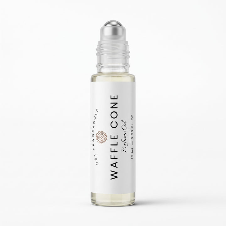 10ml bottle of Waffle Cone scented perfume oil by dst fragrances against a white background. The cap is removed to show rollerball dispenser.
