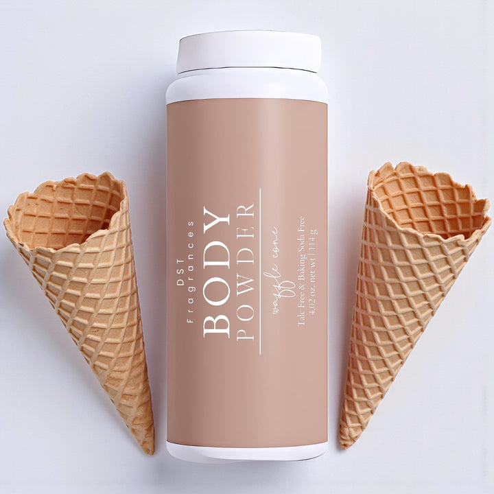 114g bottle of Waffle Cone scented body dusting powder by DST Fragrances against a white background with 2 empty waffle cones.