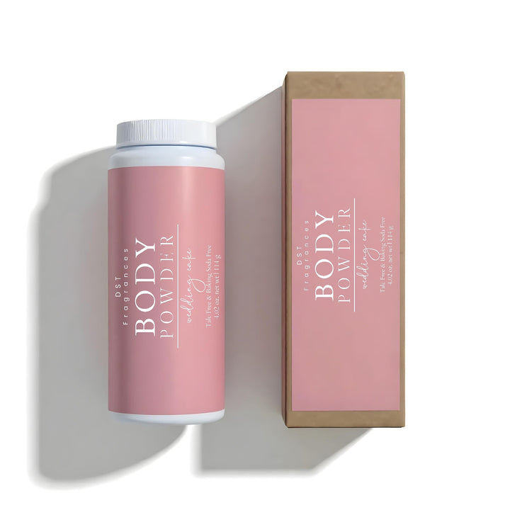 114g bottle of Wedding Cake scented body powder and its box by DST Fragrances against a white background.
