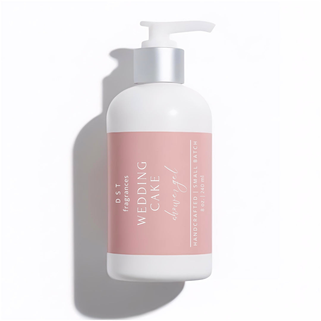 240ml bottle of Wedding Cake scented shower gel by DST Fragrances against a white background.