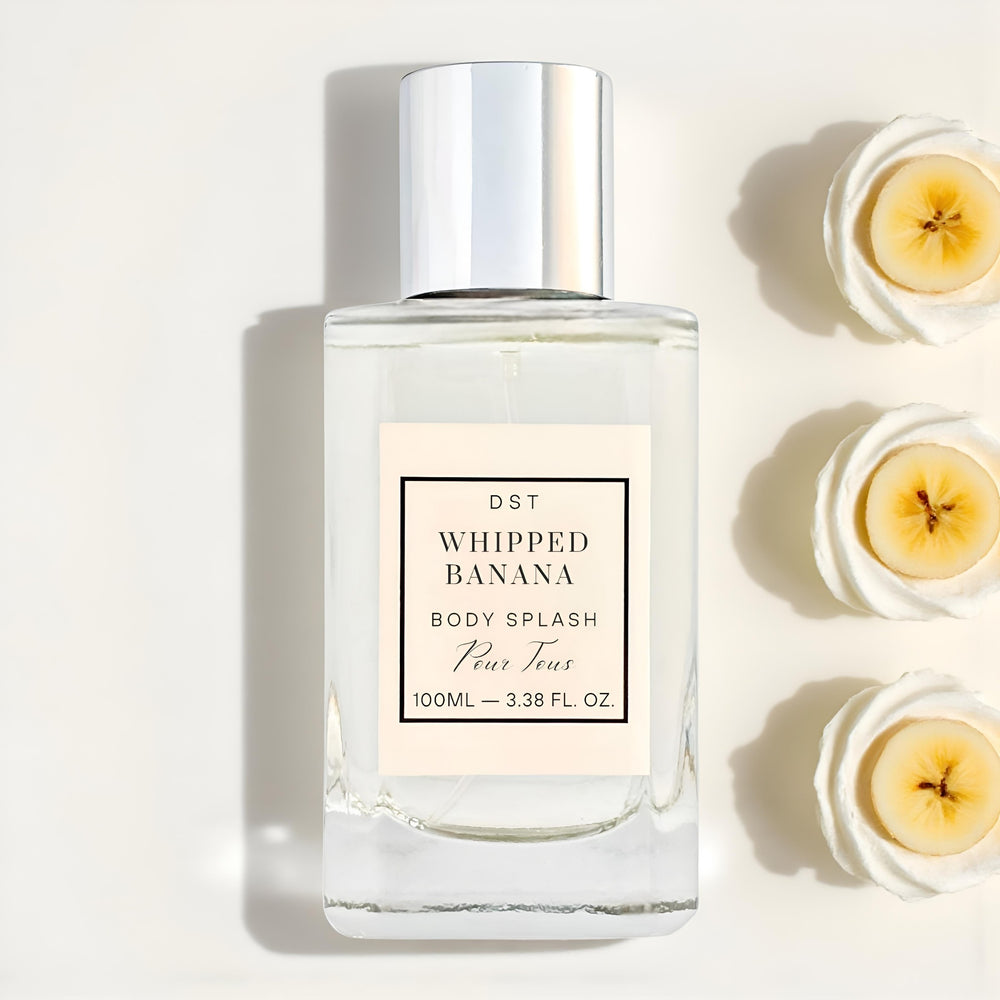 Body splash bottle labeled 'Whipped Banana' with banana slices on a light background