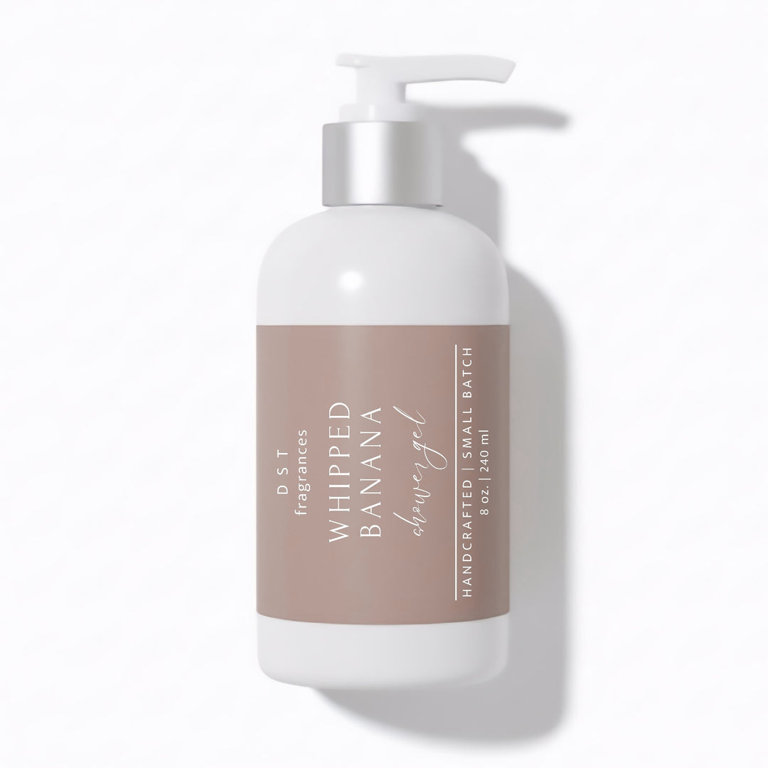240ml bottle of Whipped Banana scented shower gel by DST Fragrances against a white background.