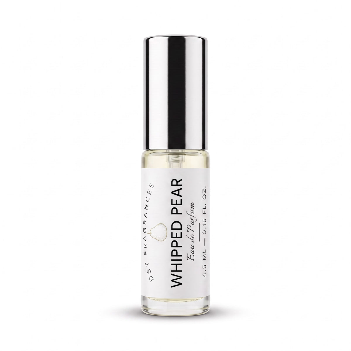 A 4.5 ml roll-on perfume bottle of Whipped Pear by Ost Fragrances, featuring a clear glass body, white label, and a reflective silver cap, set against a plain white background.