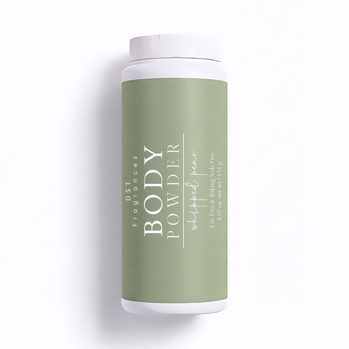 114g bottle of Whipped Pear scented Body Powder by DST Fragrances against a white background.