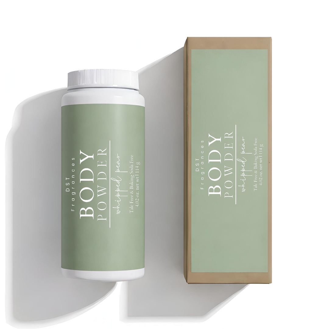 114g bottle of Whipped Pear scented Body Powder and its box  by DST Fragrances against a white background.