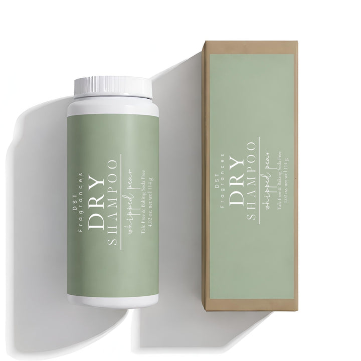 114g bottle of Whipped Pear scented Dry Shampoo Powder and its box by DST Fragrances against a white background.