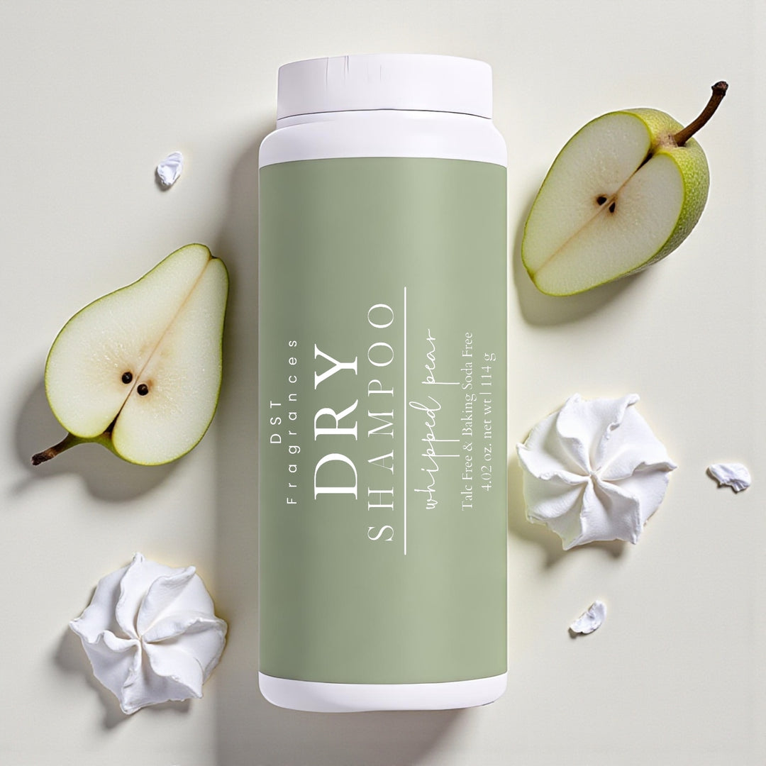 114g bottle of Whipped Pear scented Dry Shampoo Powder by DST Fragrances against a white background with pears and dollops of white whipped cream