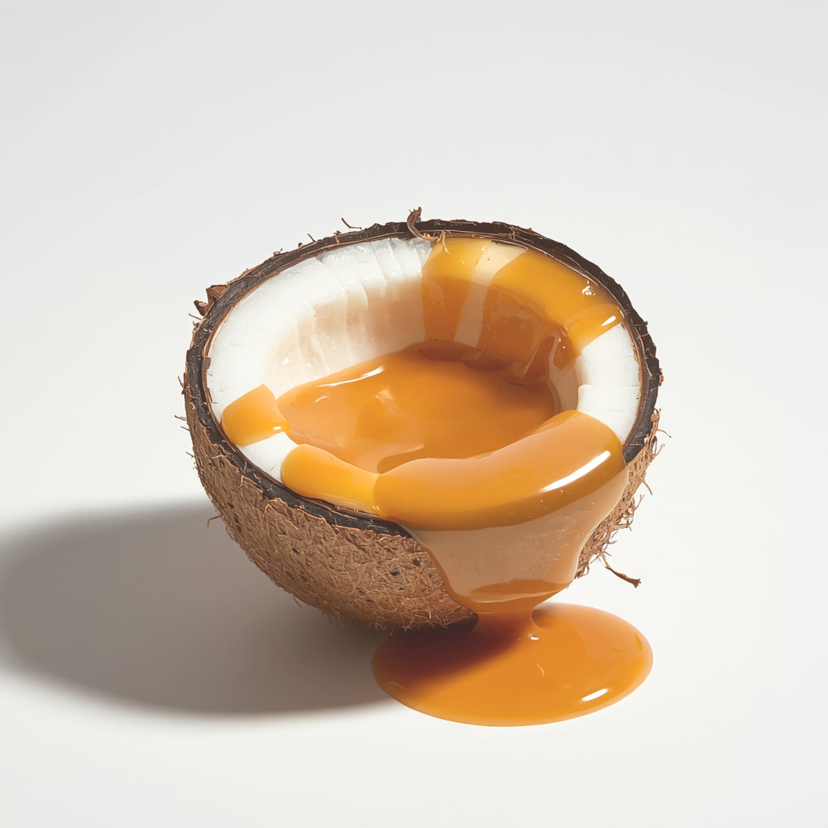 A halved coconut filled with glossy caramel sauce, with some caramel dripping out onto a clean white surface.