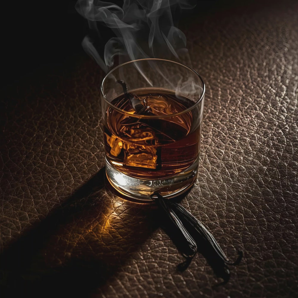 Bourbon Ember fragrance notes. Top notes: golden elemi resin, crushed peppercorn, saffron. Middle notes: Sueded amberwood, smokey accord, leather. Base Notes: Bourbon cream, vanilla husk, embered cedar bark.