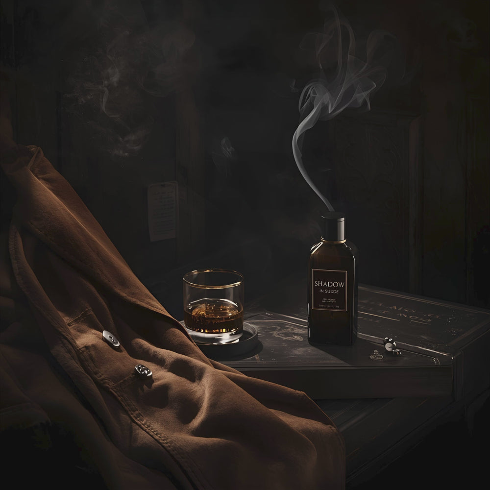 A Shadow in Suede fragrance notes. Top notes: bergamot, rum, sichuan pepper,  clove. Middle Notes: leather, vetiver, davana. Base notes: cedar, patchouli oakmoss, amber