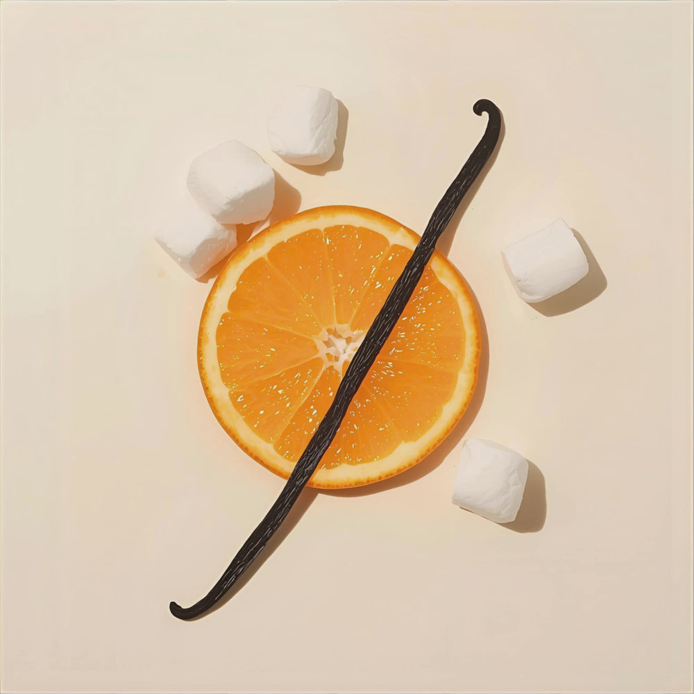 Marshmallow Muse fragrance notes. Top notes: Orange blossom, neroli, honeysuckle. Middle Notes: Marshmallow. Base Notes Vanilla, Amber.