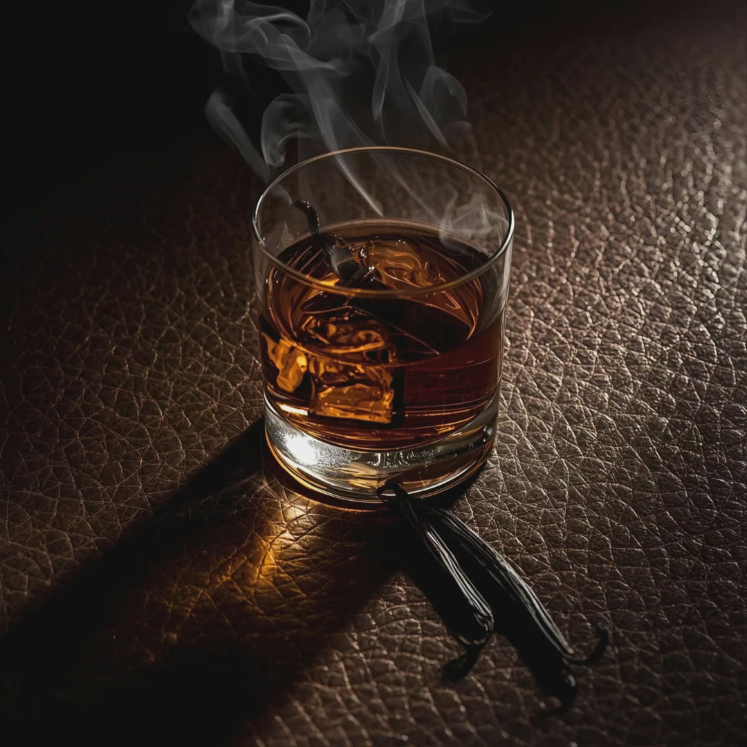 Bourbon Ember fragrance notes. Top notes: golden elemi resin, crushed peppercorn, saffron. Middle notes: Sueded amberwood, smokey accord, leather. Base Notes: Bourbon cream, vanilla husk, embered cedar bark.