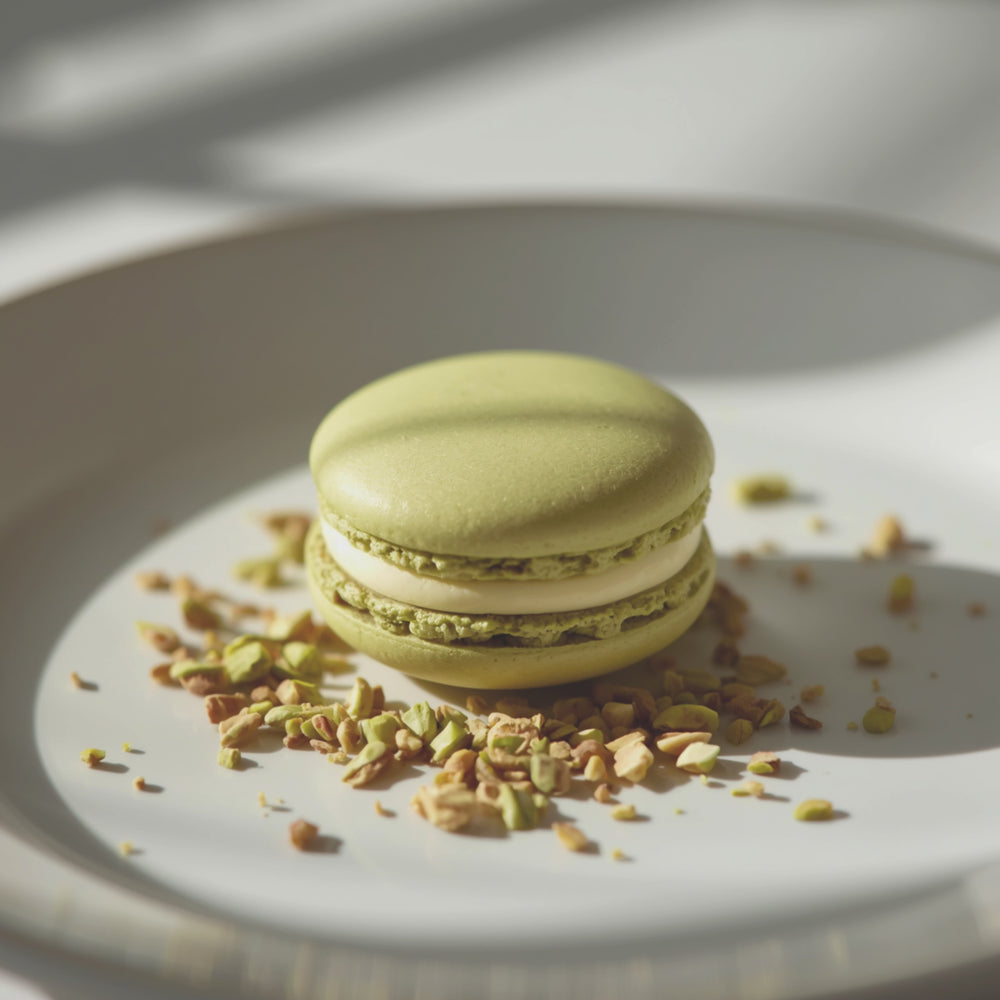 Enter the enchanting world of ‘Pistachio Macaron,’ where crushed pistachio, sparkling sugar crystals, cocoa magic, maraschino cherry charm, velvety vanilla extract, dreamy amaretto cream, and luscious vanilla ganache swirl together in a sweet, buttery cookie symphony.