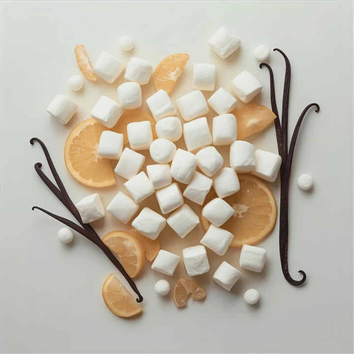 Marshmallow Muse fragrance notes. top notes orange blossom, neroli, honeysuckle. middle notes marshmallow. base notes: vanilla amber