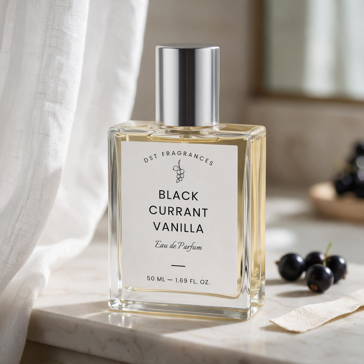 A bottle of DST Fragrances Black Currant Vanilla Eau de Parfum stands on a marble surface with a white curtain and dark berries in the background.
